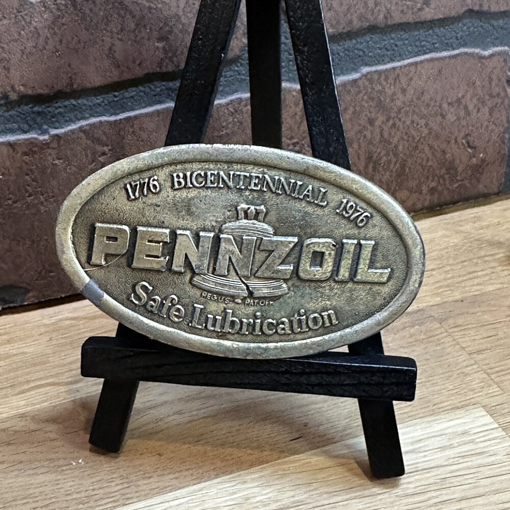 Vintage 1976, "Pennzoil Safe Lubrication" Lewis Chicago Oval Brass Belt Buckle